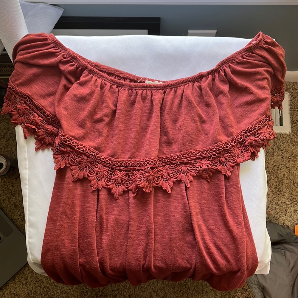 Paper & Tee Dark Red Flowy Off the Shoulder Blouse